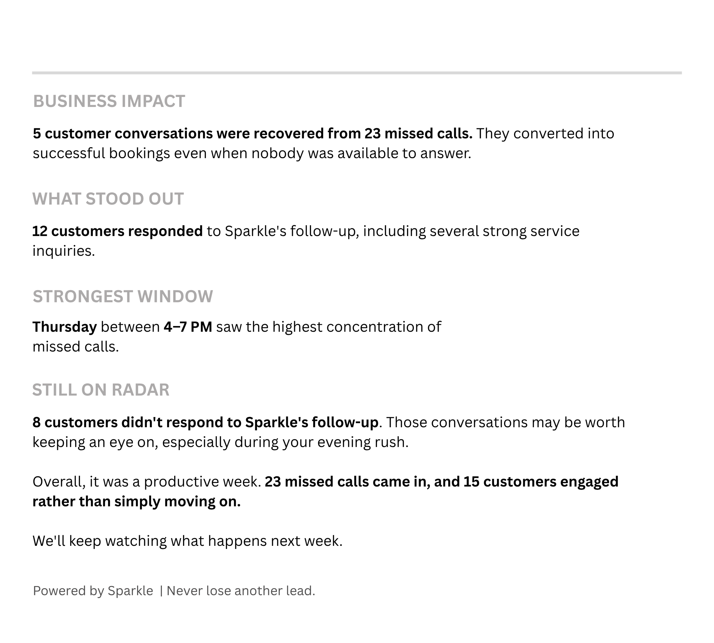 Text from a report discussing customer conversations, missed calls, and business impact metrics.
