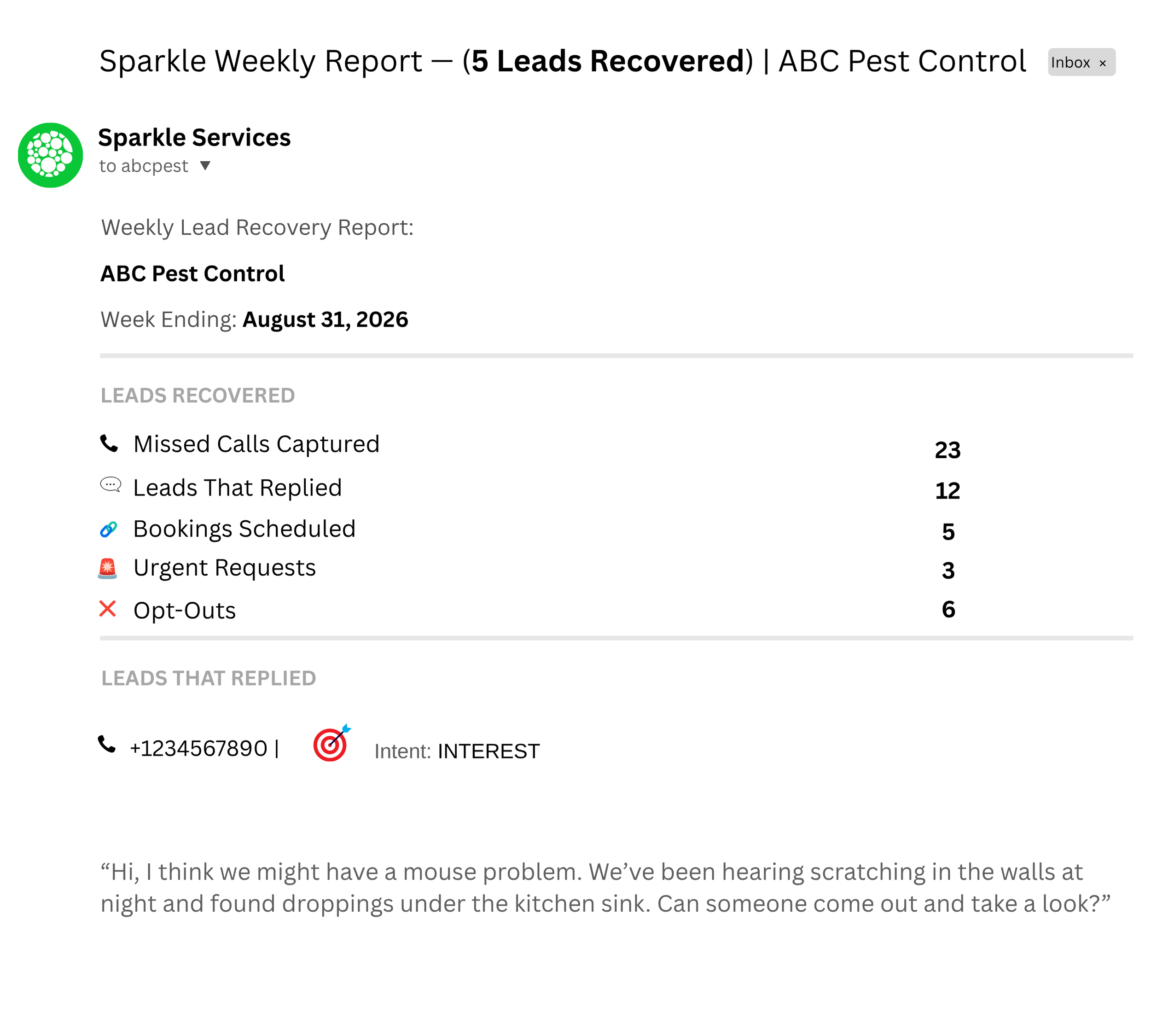 Screenshot of a weekly report email for Sparkle Services, showing the number of leads recovered, missed calls, leads replied, and bookings scheduled, with contact and intent details at the bottom.