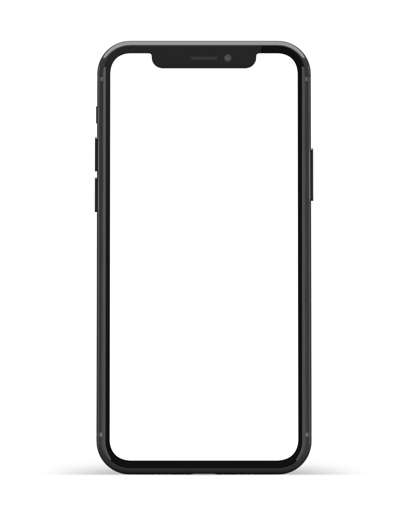 A smartphone with a black frame and a large blank white screen, standing upright against a black background.