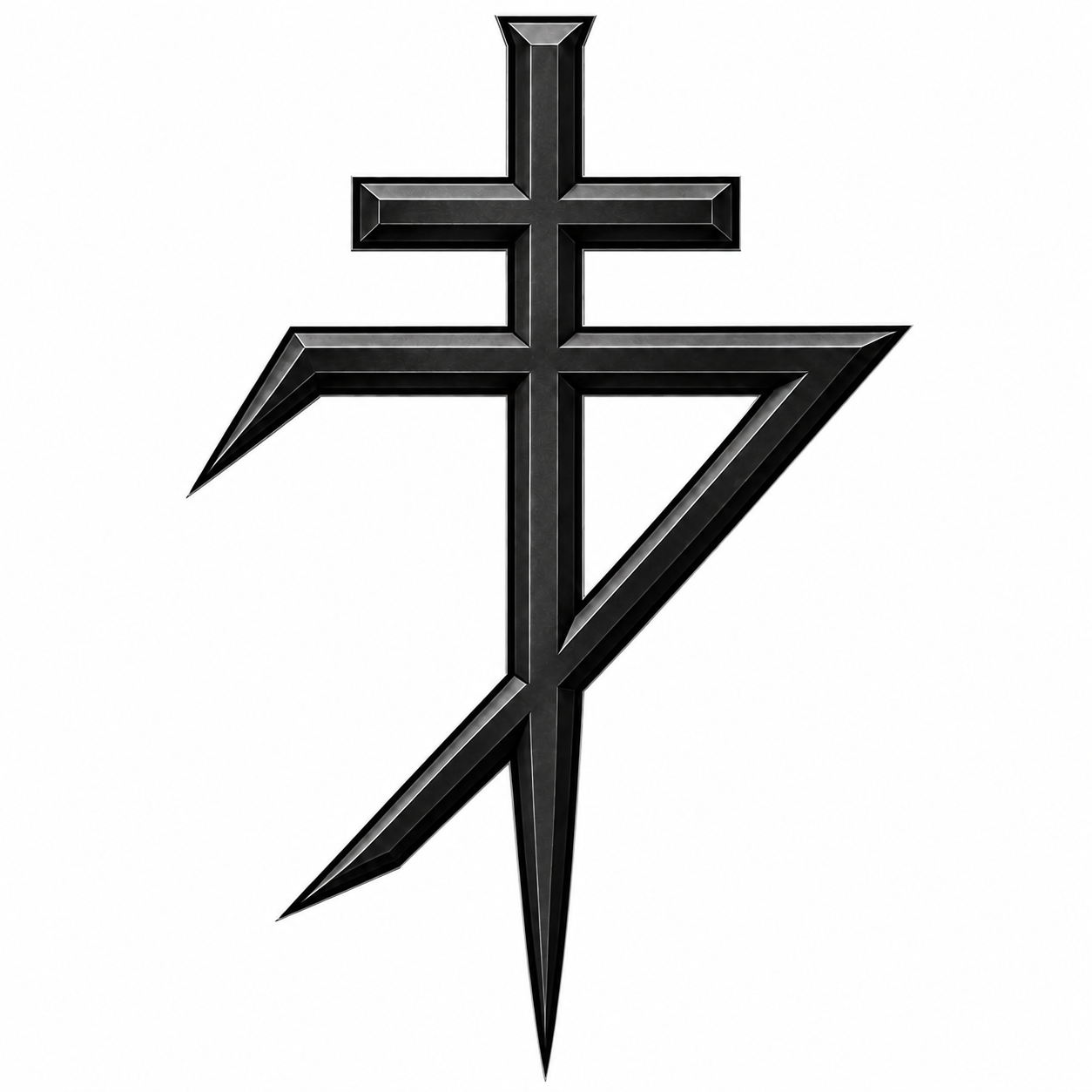 A stylized black metal cross with sharp edges and a number 7 incorporated into its design, against a white background.