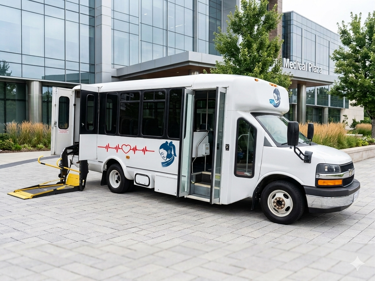 Mobile medical transport vehicle parked outside a modern building with glass windows, labeled 'Medical Plaza', surrounded by trees and landscaping, with a wheelchair lift extended.