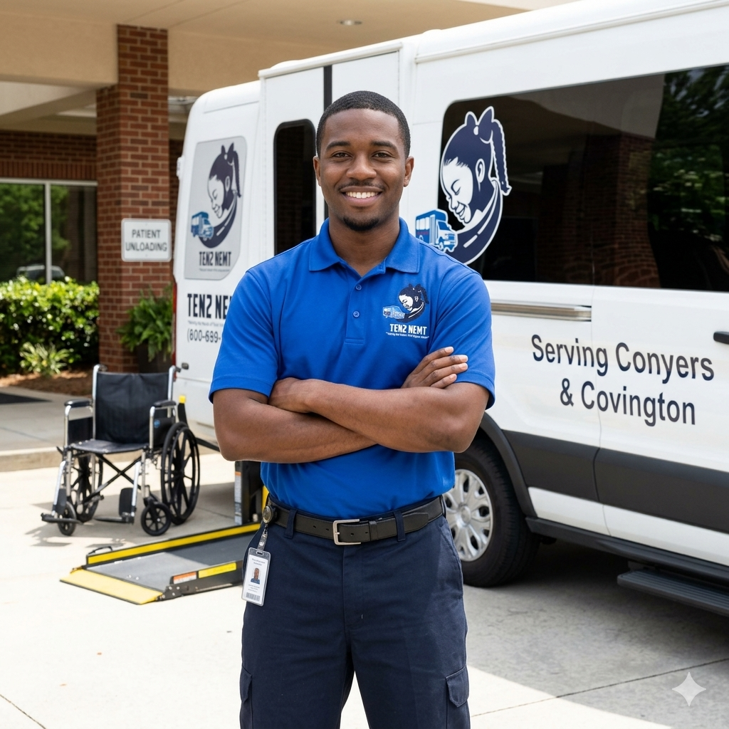 A smiling man wearing a blue uniform polo shirt with a logo, standing with arms crossed in front of a van and wheelchair, outside a building. The van has the logo and text indicating service for Conyers and Covington.