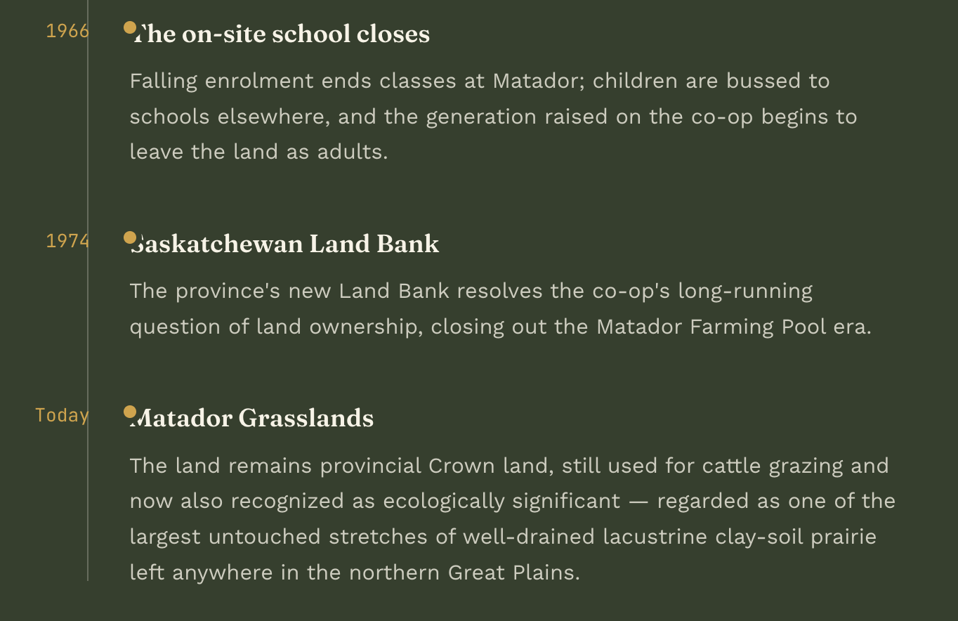 A timeline of land and education history from 1966 to the present, with text on a dark green background.