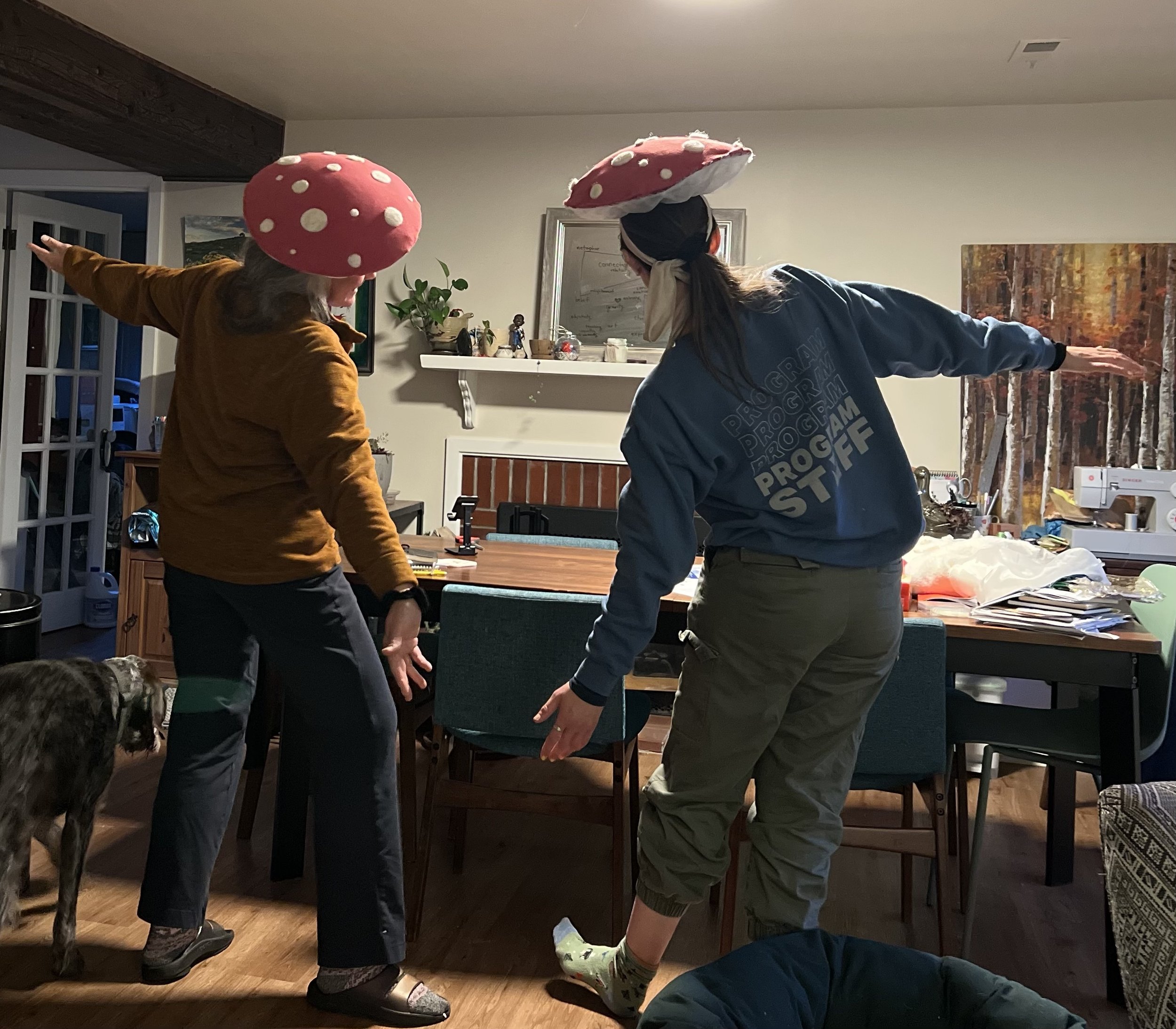 dancing in the living room with handmade mushroom hats on