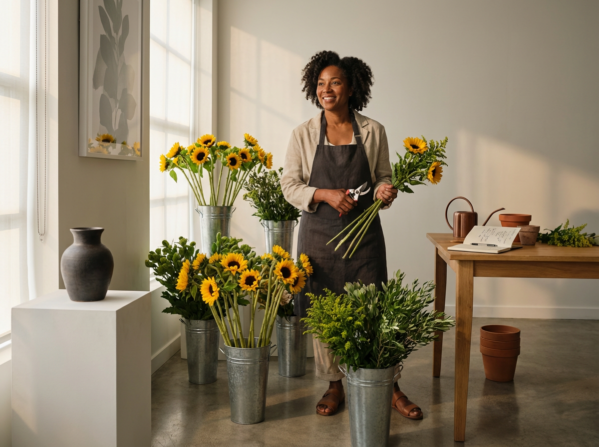 Woman arranging sunflowers in a flower shop or studio, surrounded by other sunflower bouquets, with pottery and gardening supplies on nearby table and floor.