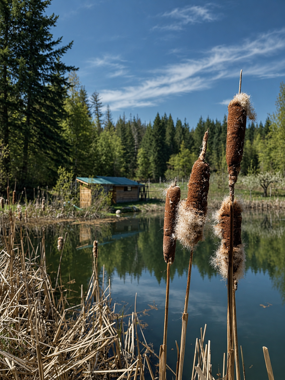 Four cattails growing near a pond with a wooden shed in the background, surrounded by trees under a partly cloudy blue sky.