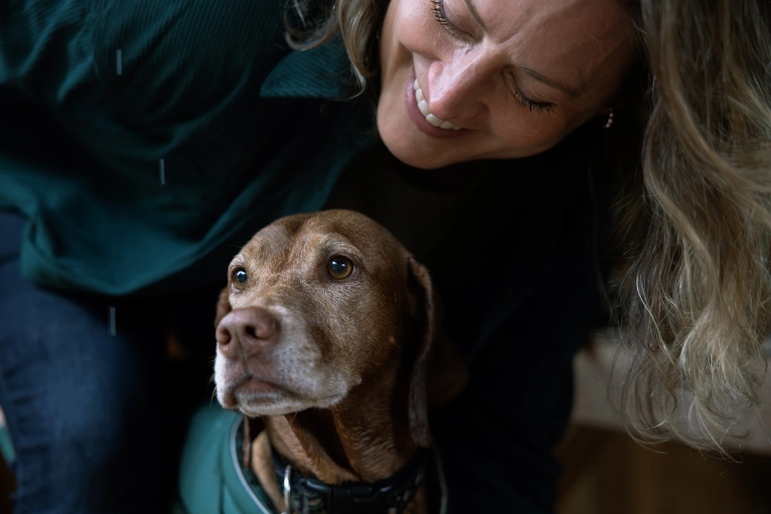 A woman with long blonde hair leaning over and smiling at a brown dog with a white patch on its nose and green collar.