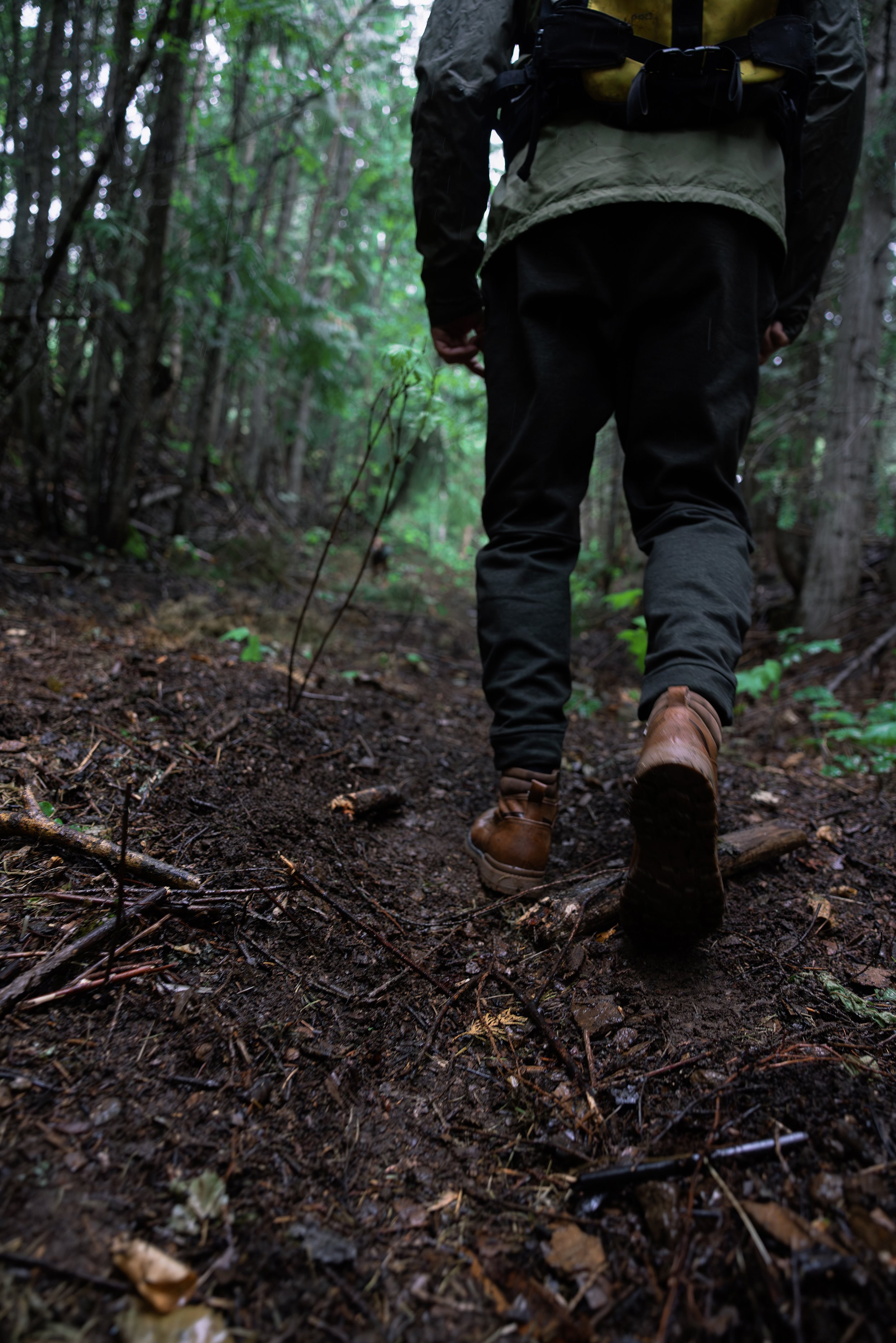 A person hiking through a dense forest trail, wearing brown boots, dark pants, and a green jacket with a backpack, surrounded by trees and foliage.