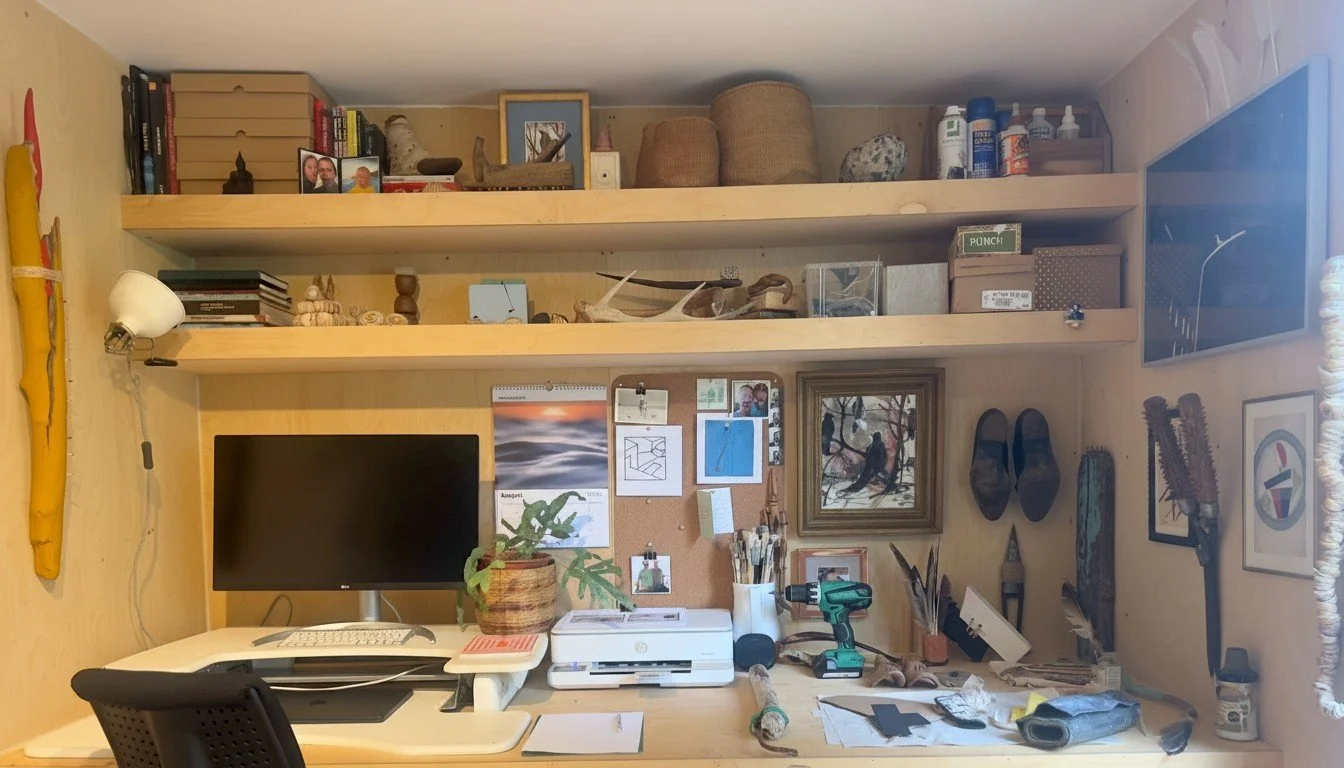 A cluttered home workspace with a computer monitor, printer, drill, art supplies, and various framed artwork and decorations on the wall.