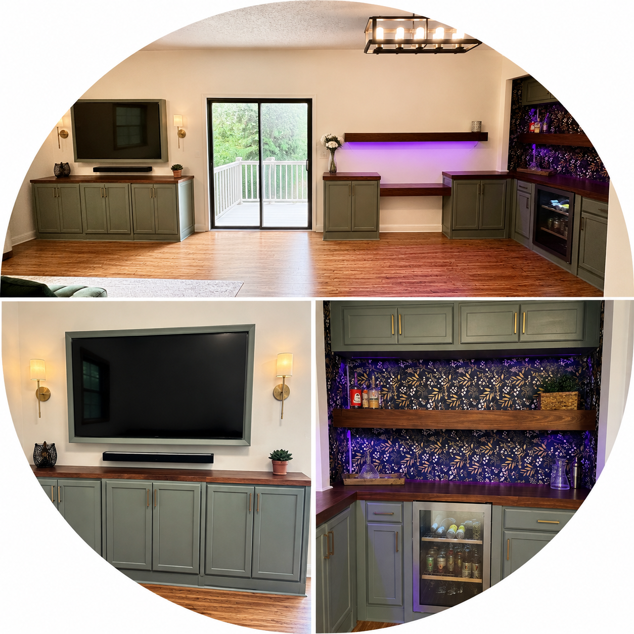 Living room with built-in cabinets and a mounted television, brass wall sconces, and a sliding glass door leading to a deck. The room has wood flooring and a ceiling light fixture. The built-in cabinets include surrounded shelving with purple accent lighting, decorative items, and a mini fridge.