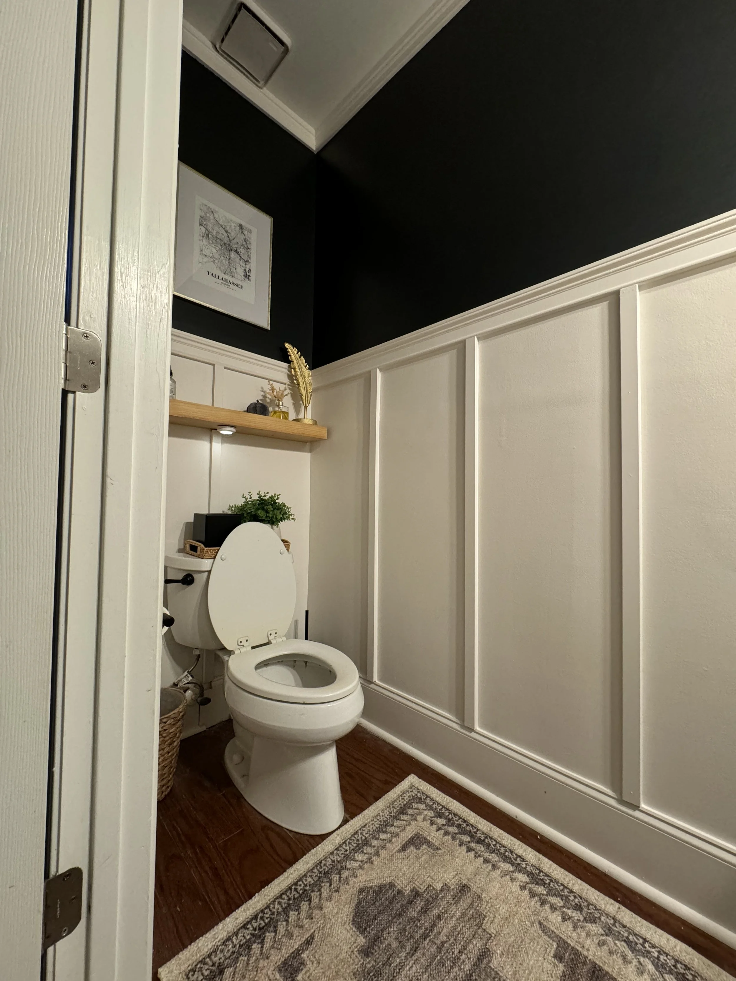 A cozy bathroom with a toilet, a small basket, a potted plant, a wooden shelf with decorative items, a framed map of Tallahassee, and a patterned rug on dark hardwood floor. The wall behind the toilet has white wainscoting, and the upper wall is painted black.