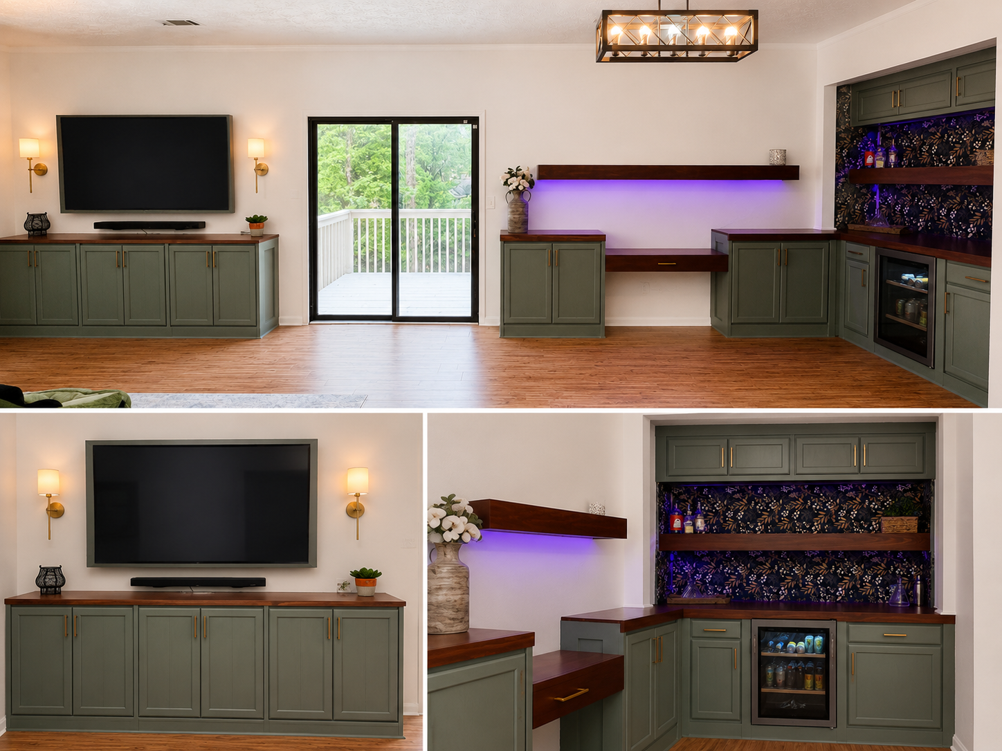Living room with green cabinetry, wall-mounted TV, sliding glass door leading to a balcony, and decorative lighting including wall sconces and a ceiling fixture. One section features open shelves with decorative elements and a small bar fridge.