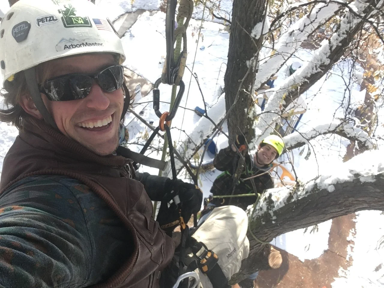 Two men climbing a snow-covered tree using climbing gear and helmets, smiling at the camera.