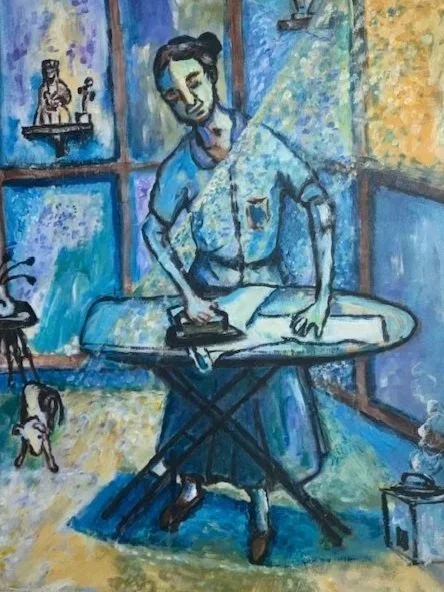 Painting of a woman ironing an apron at an ironing board, with shelves and decorative objects in the background.