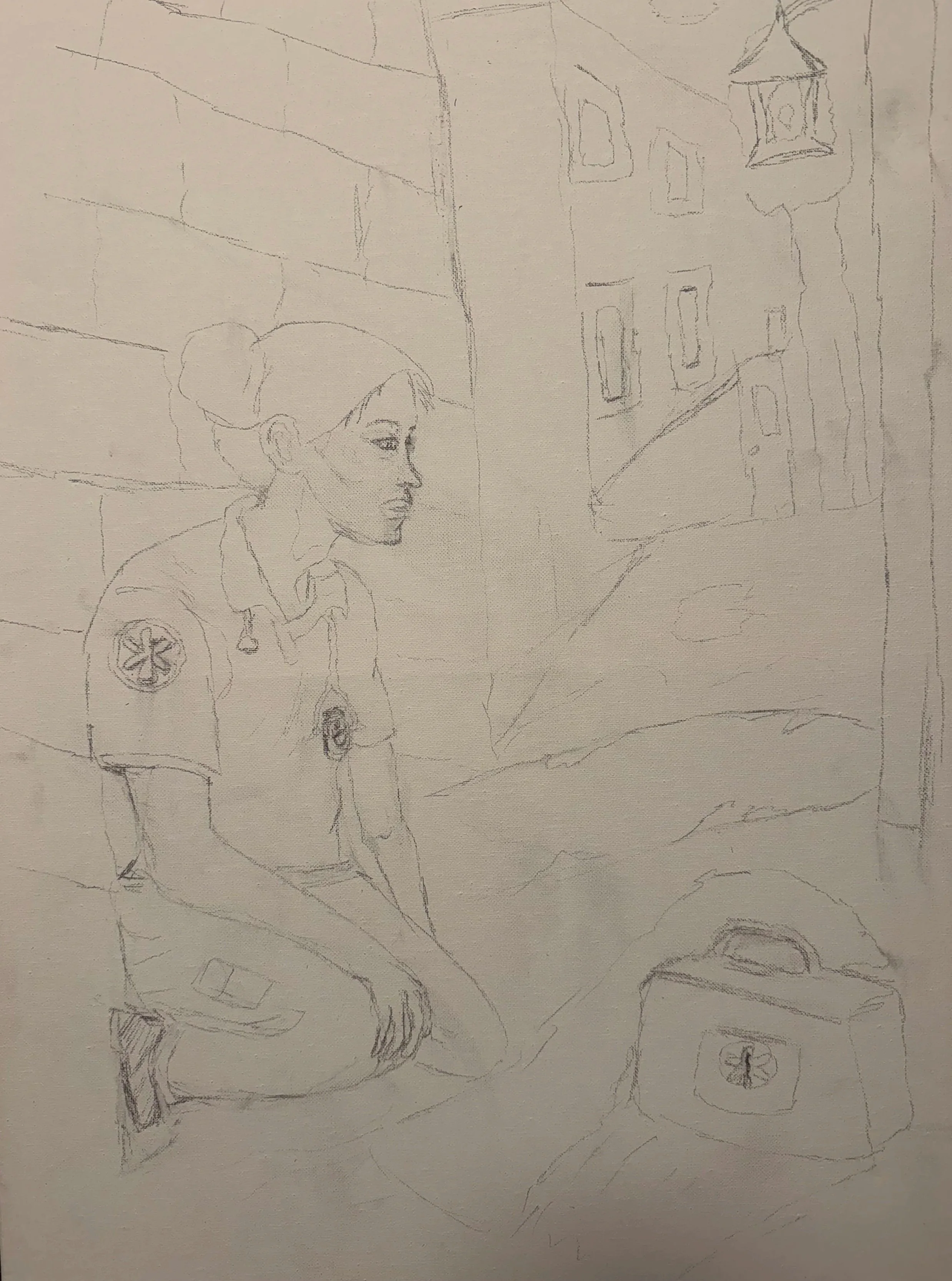 A pencil sketch of a woman in a uniform, sitting at a desk, with a building facade and windows in the background.