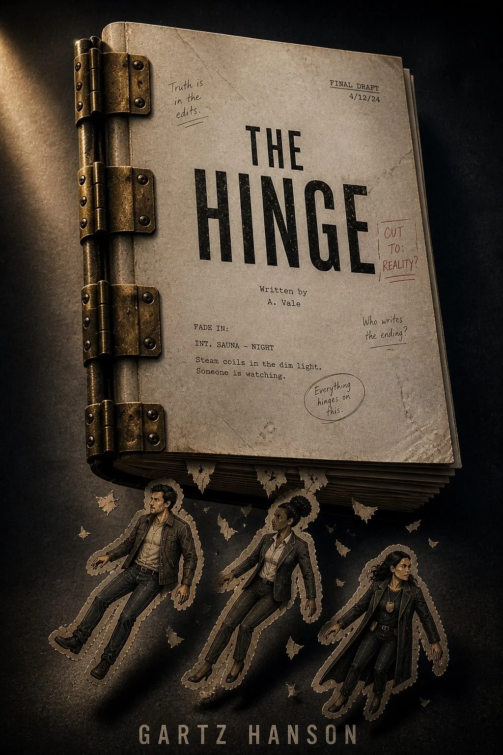 A script book titled "The Hinge" with handwritten notes on the cover, surrounded by three character cutouts, all on a black surface, written by Gartz Hanson.