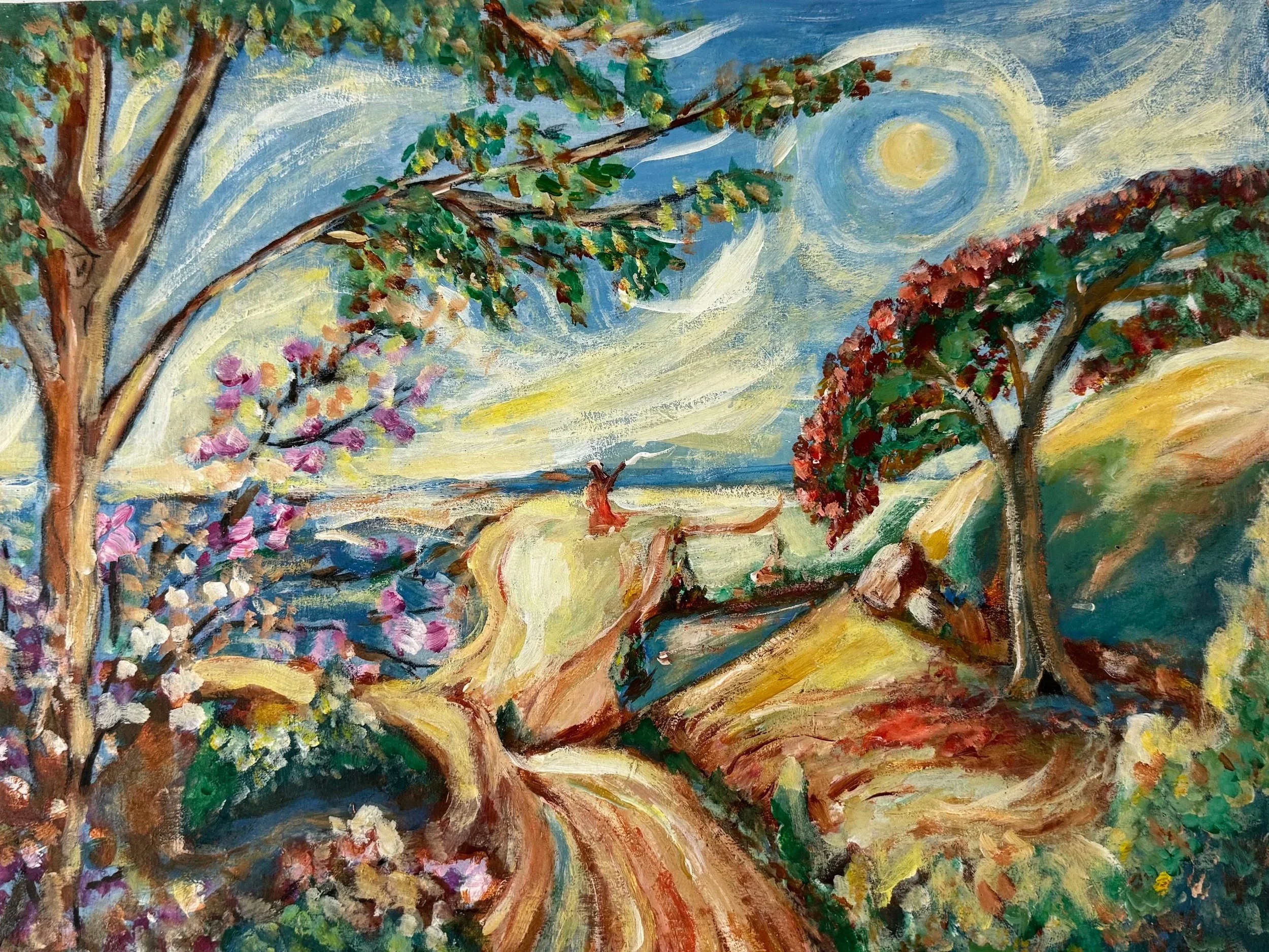 A painting depicting tall trees with orange and green leaves, a small figure standing under one of the trees, a bright moon in the night sky, and a landscape with fields and a body of water, using vibrant brushstrokes and colors.
