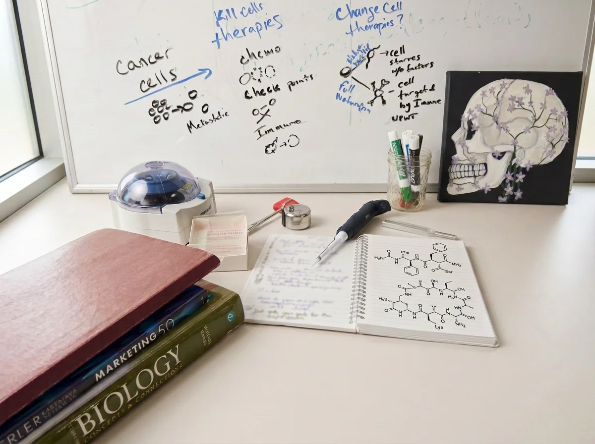 Study desk with scientific and medical materials including books, a notebook with chemical diagrams, a whiteboard with notes on cancer cells, chemo, and immunotherapy, a pen, markers, a skull model with purple flowers, a tissue box, and a window in the background.