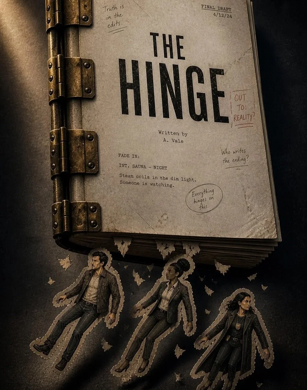 A screenplay titled 'The Hinge' with handwritten notes and sketches. The screenplay is in a binder with metal hinges. Below the binder are three cut-out paper characters of a man and two women, each outlined with a white border and surrounded by paper bats.