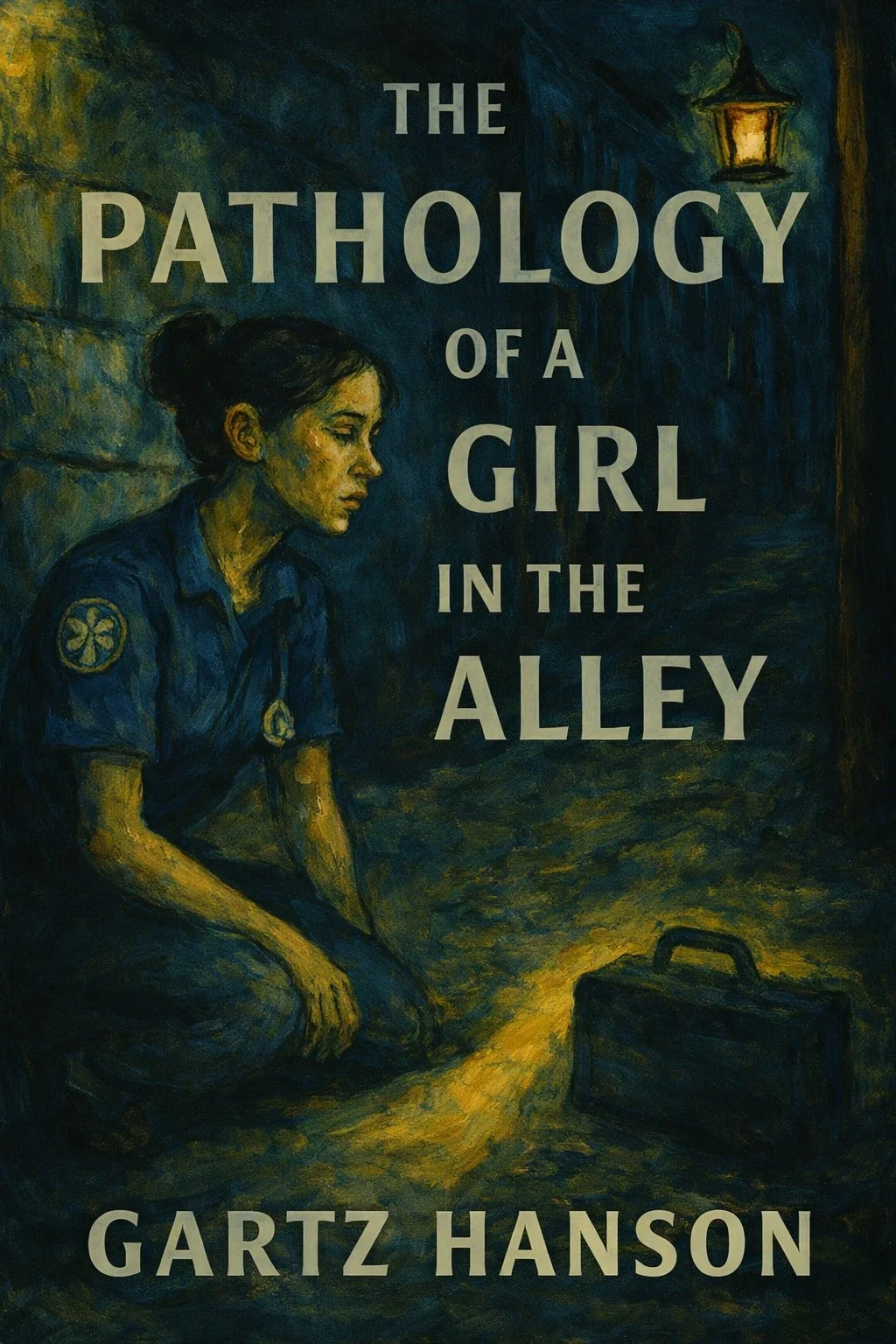 Book cover for 'The Pathology of a Girl in the Alley' by Gartz Hanson, depicting a young woman in a paramedic uniform sitting on the ground, her medical bag nearby, in a dark alley at night.
