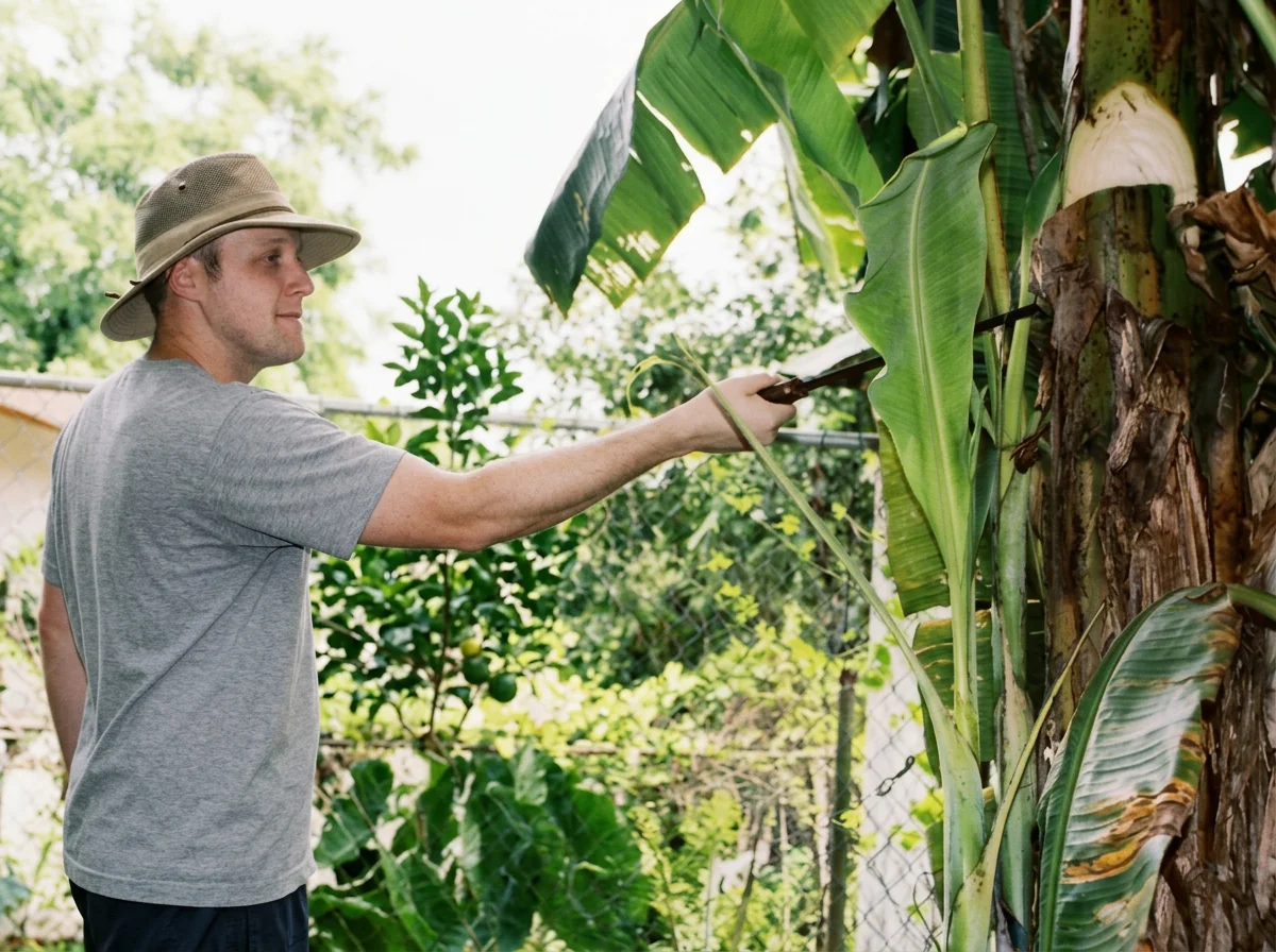 A man wearing a beige wide-brim hat and a gray T-shirt is pruning or harvesting a banana plant in a garden or backyard.