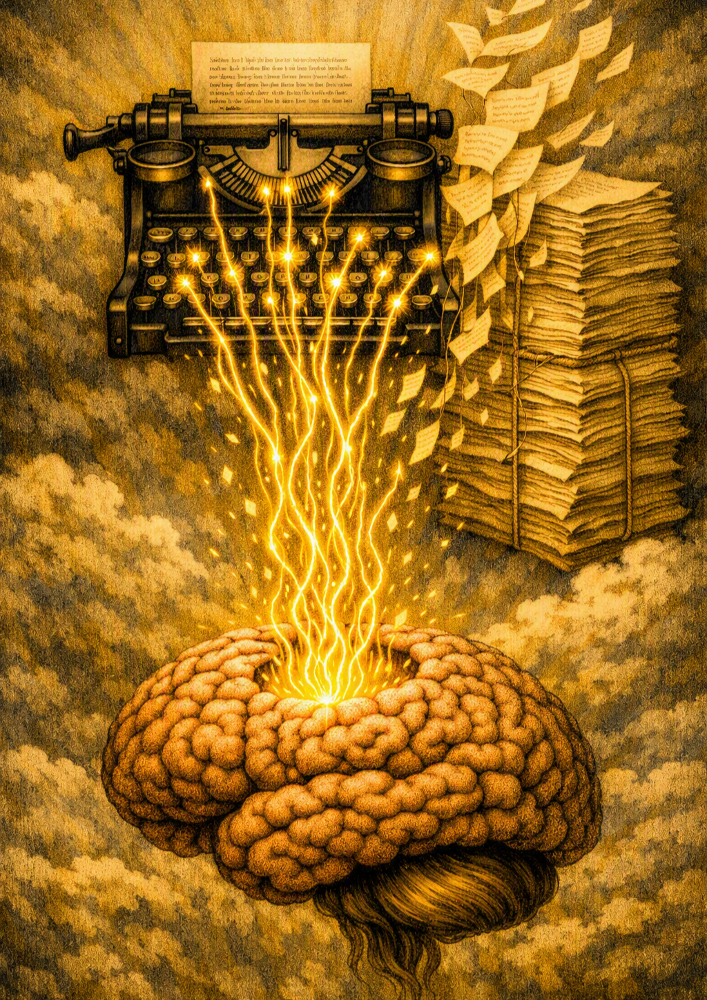 A surreal illustration of a brain with glowing electrical sparks and streams emerging from it, positioned beneath an old typewriter and a tall stack of paper notes.