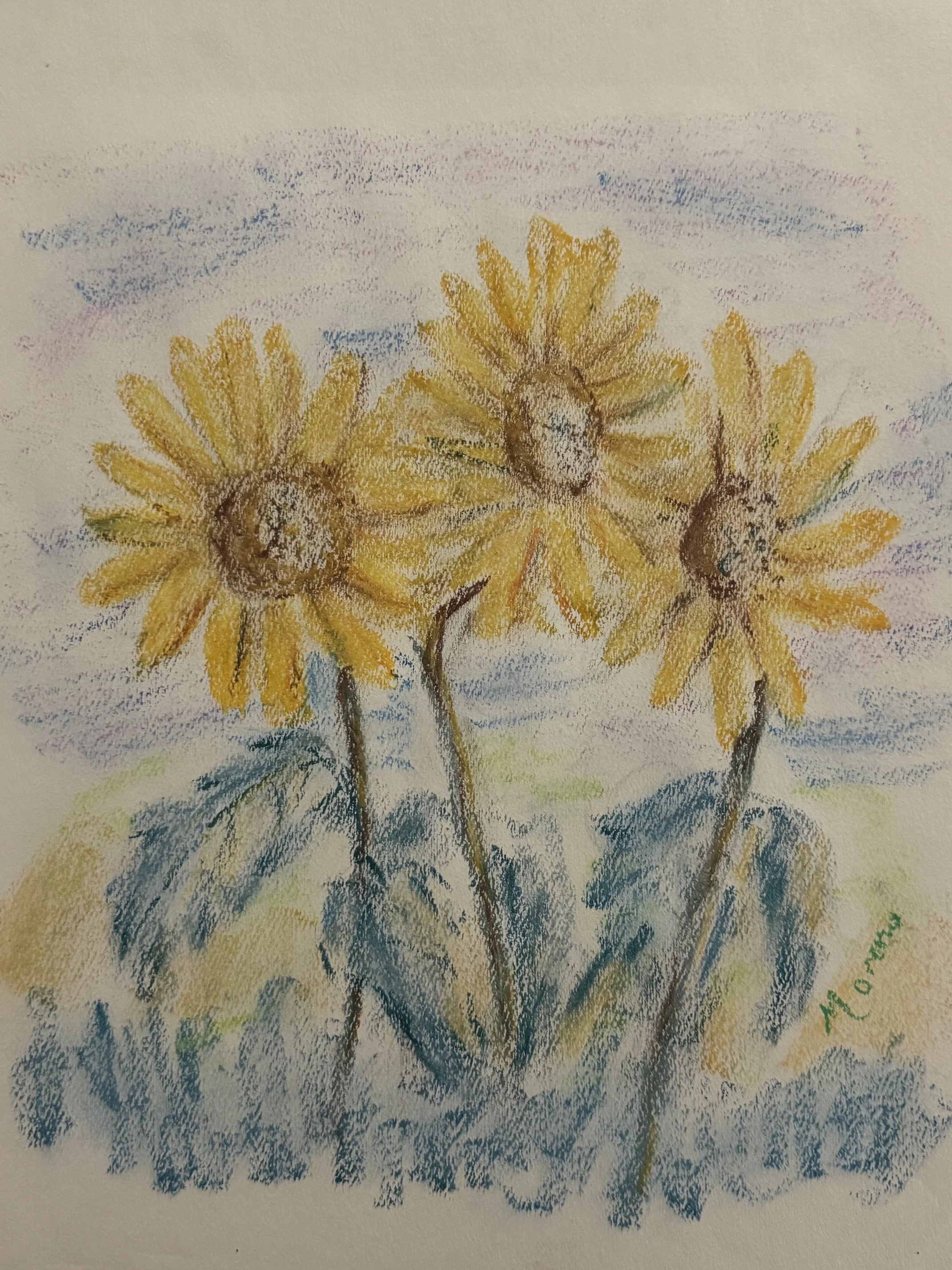 A colorful pastel drawing of three yellow flowers with brown centers and green stems, set against a blue sky with light clouds.