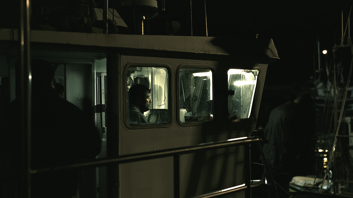 Persona en la cabina de un barco en la noche.