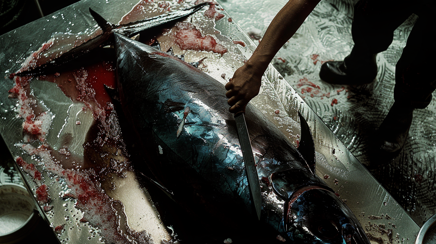 persona cortando un atún grande en una mesa de acero en un entorno de pescado fresco.