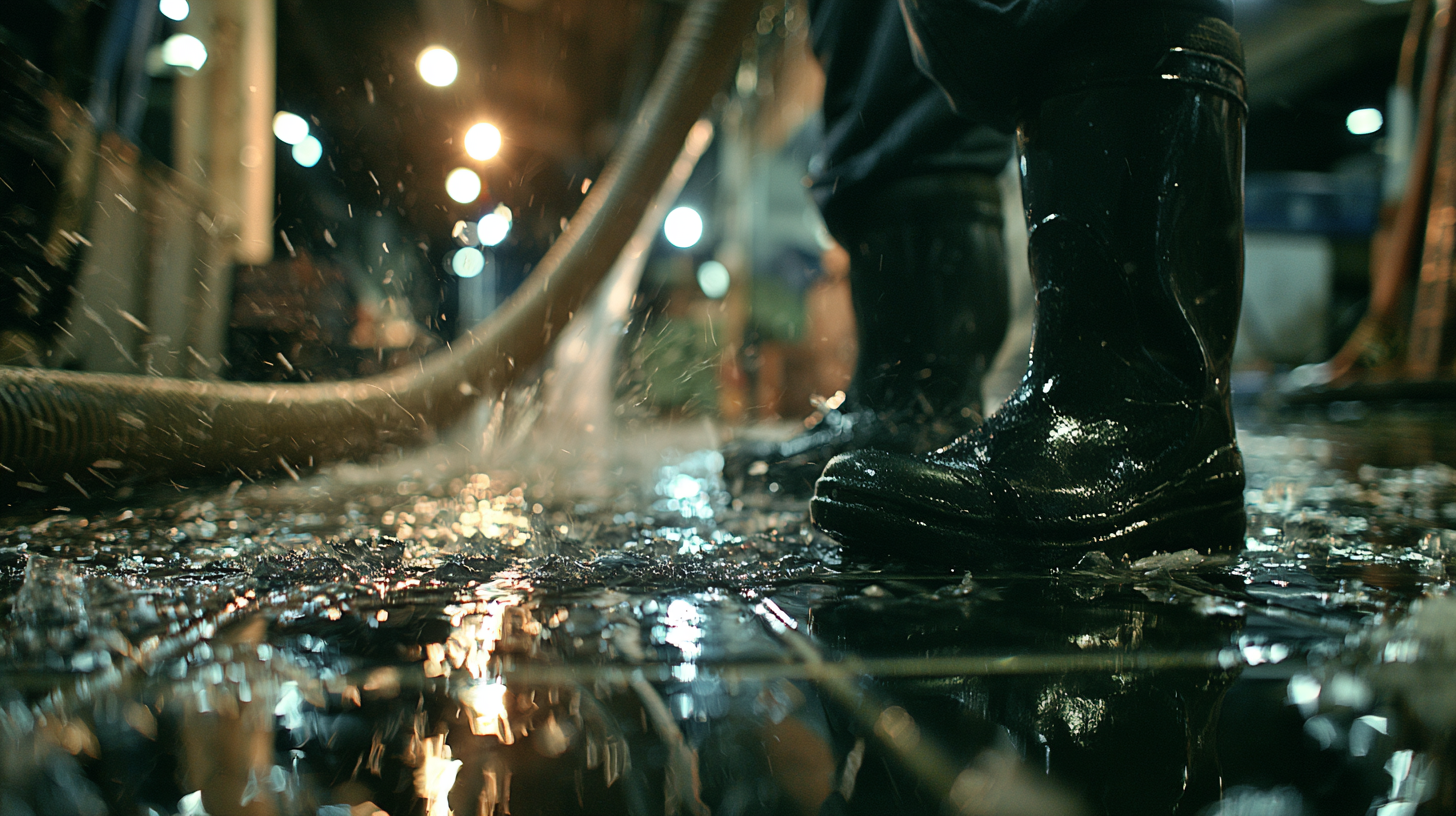 Persona limpiando el suelo empapado con botas de agua negras bajo luces brillantes en la noche