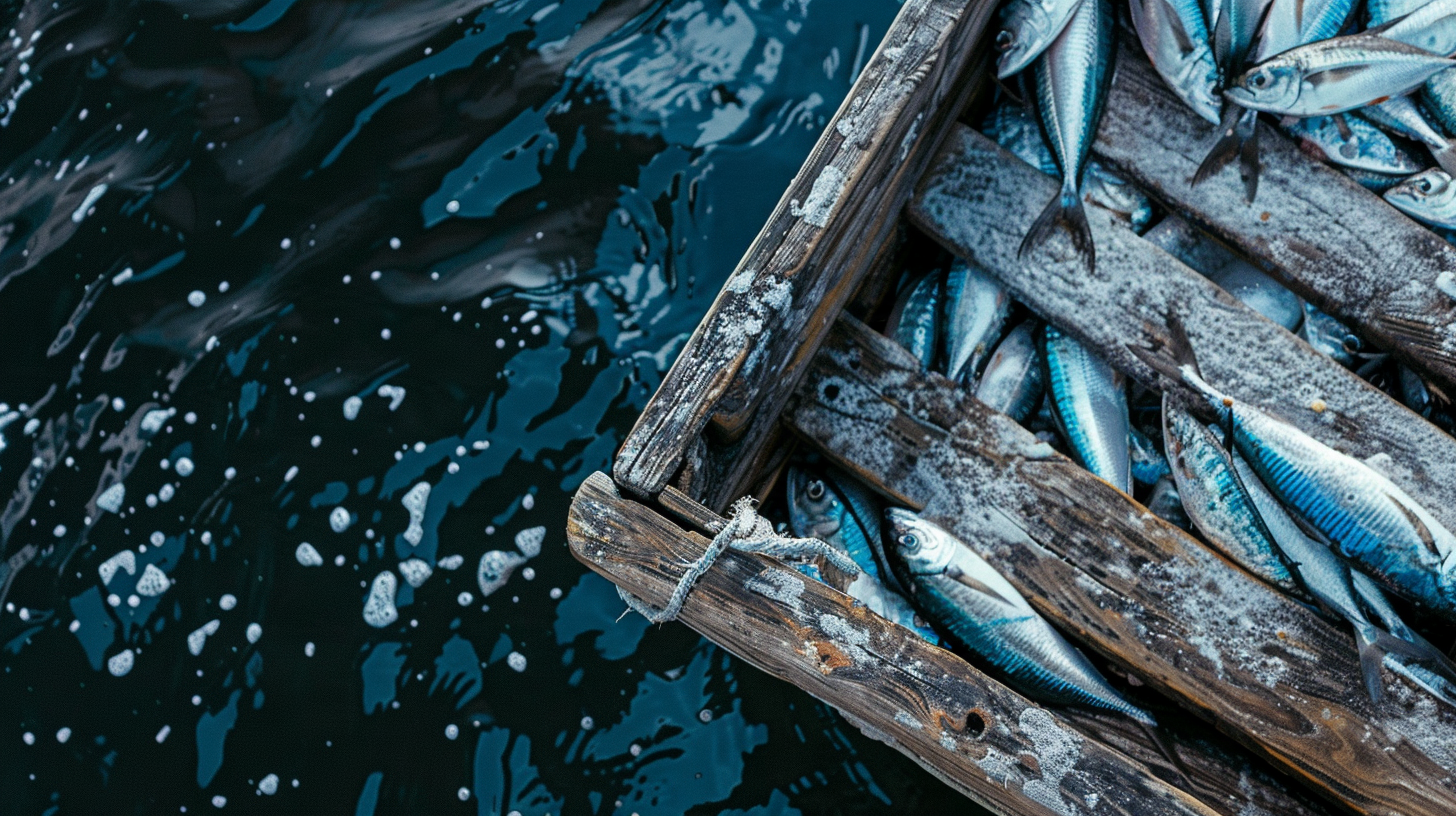 Cesta de madera con peces pescados y hielo en el mar.
