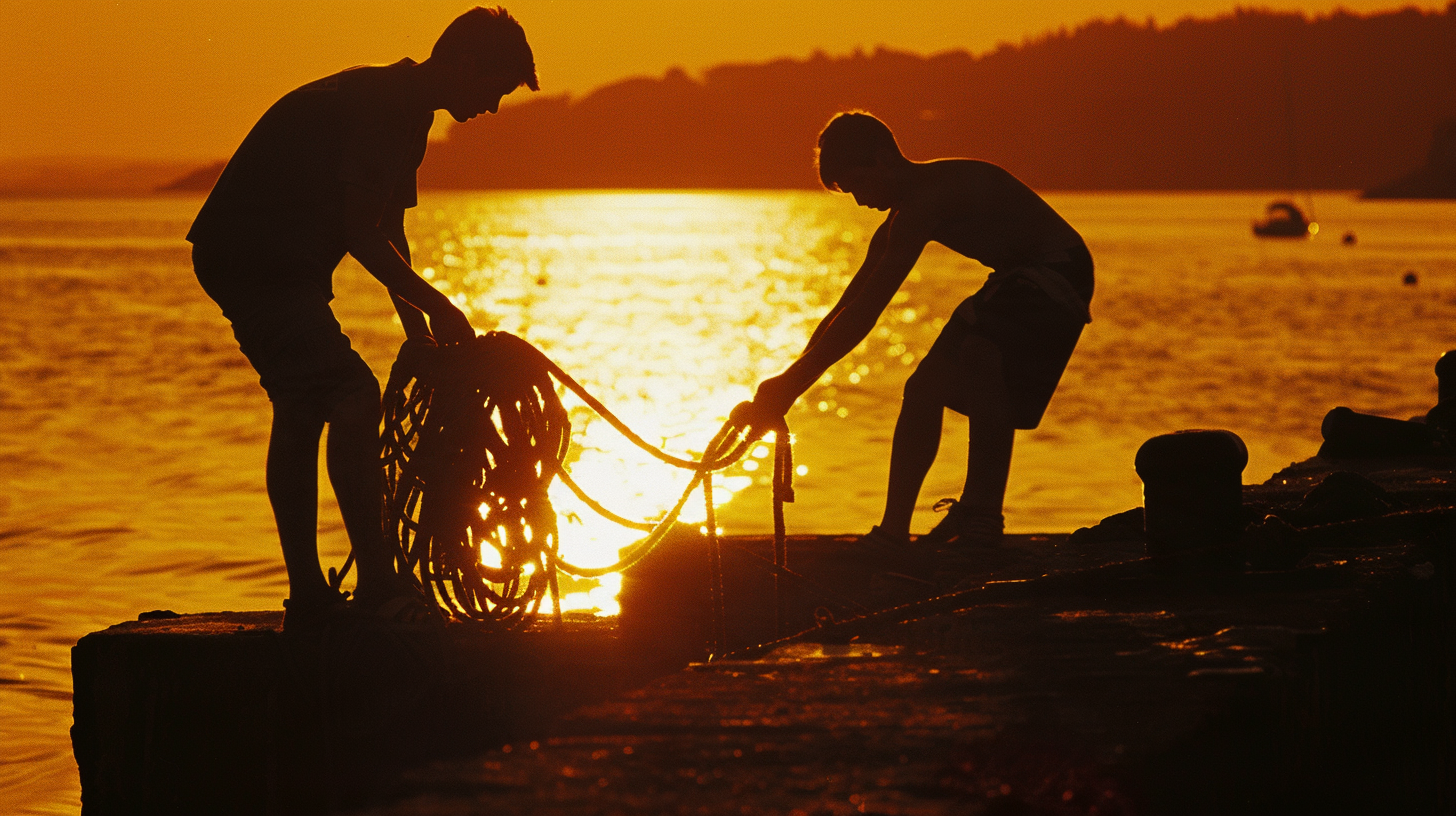 Dos niños recogiendo cuerda en un muelle al atardecer, con el sol reflejado en el agua.