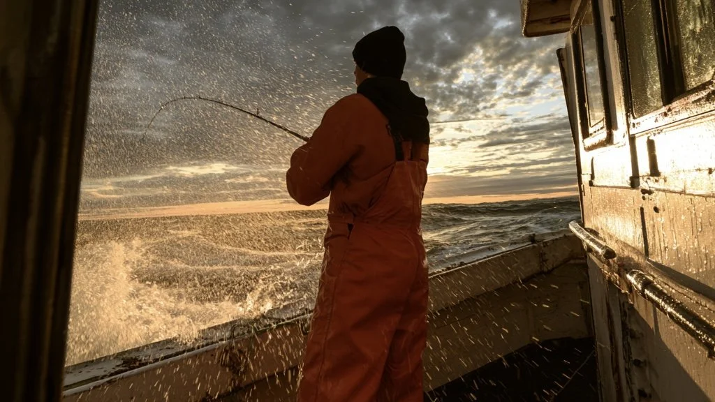 Una persona pescando desde un barco en el mar al atardecer, con olas y cielo nublado.
