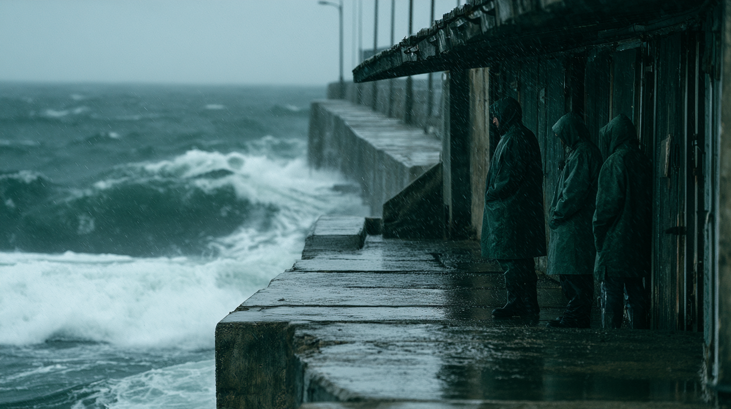 Tres personas con chaquetas de lluvia en una terraza junto al mar durante una tormenta, con olas grandes y lluvia intensa.