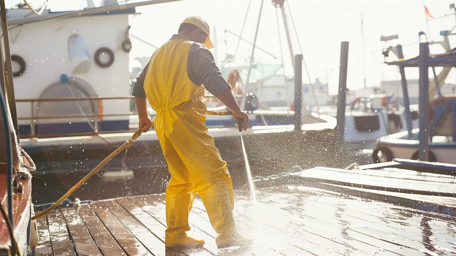 Persona limpiando un muelle de madera con una manguera, rodeada de barcos en un puerto durante el día
