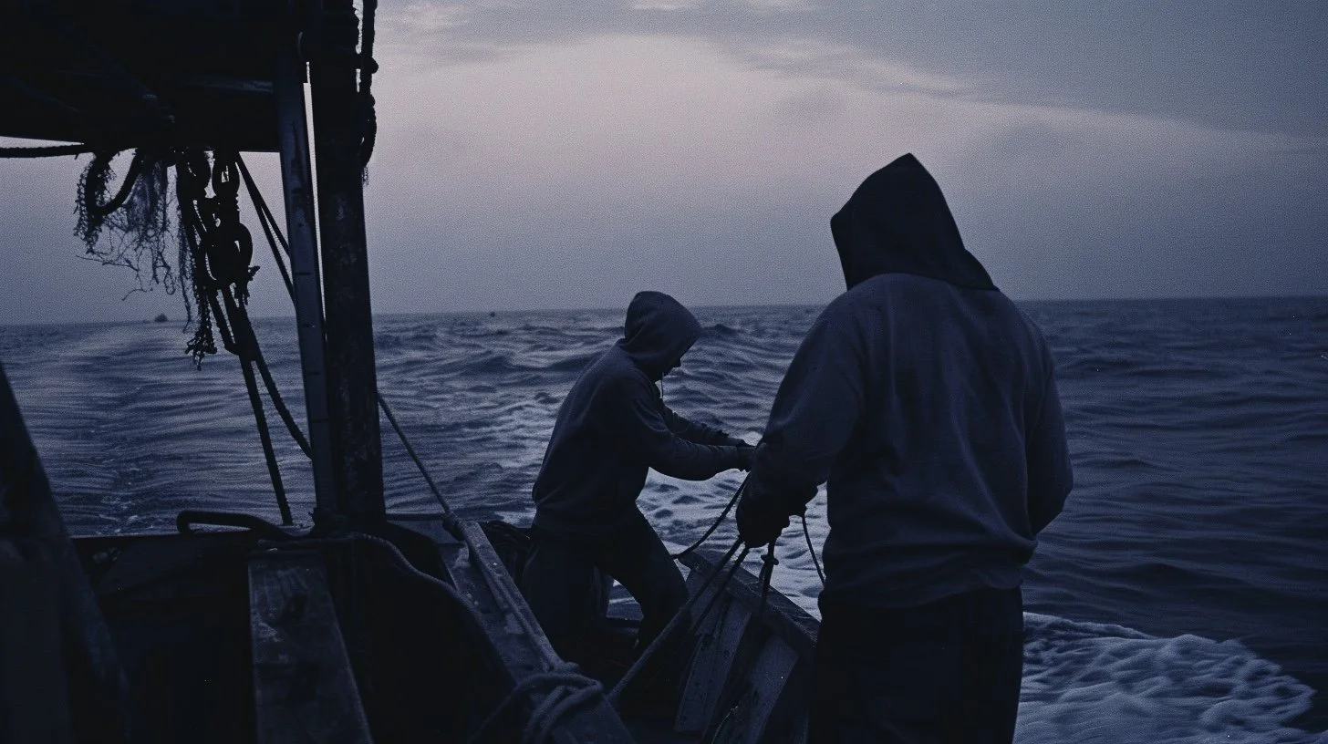 Dos personas con capuchas en un barco en el mar al atardecer, sujetando redes de pesca.