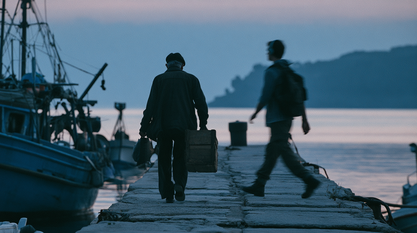 Dos personas caminando por un muelle al atardecer, uno lleva una caja y otro una mochila, con barcos atracados y agua en el fondo.