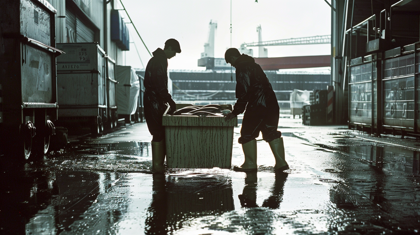 Dos personas trabajando en un muelle o puerto, probablemente manejando o inspeccionando una carga, con agua en el suelo y estructuras de barcos y grúas en el fondo.