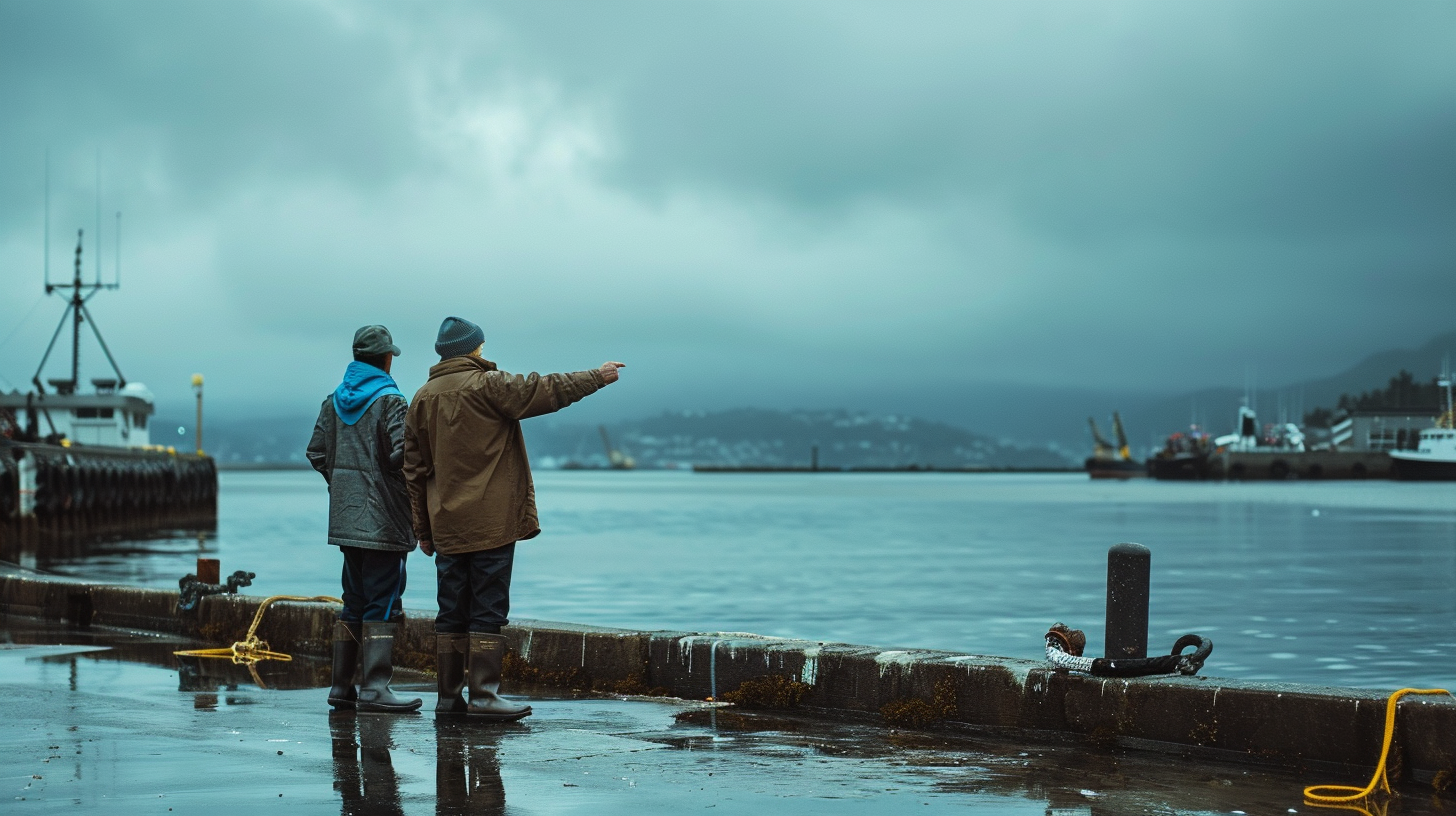 Dos personas de pie en el muelle observando el agua con barcos y un cielo nublado.