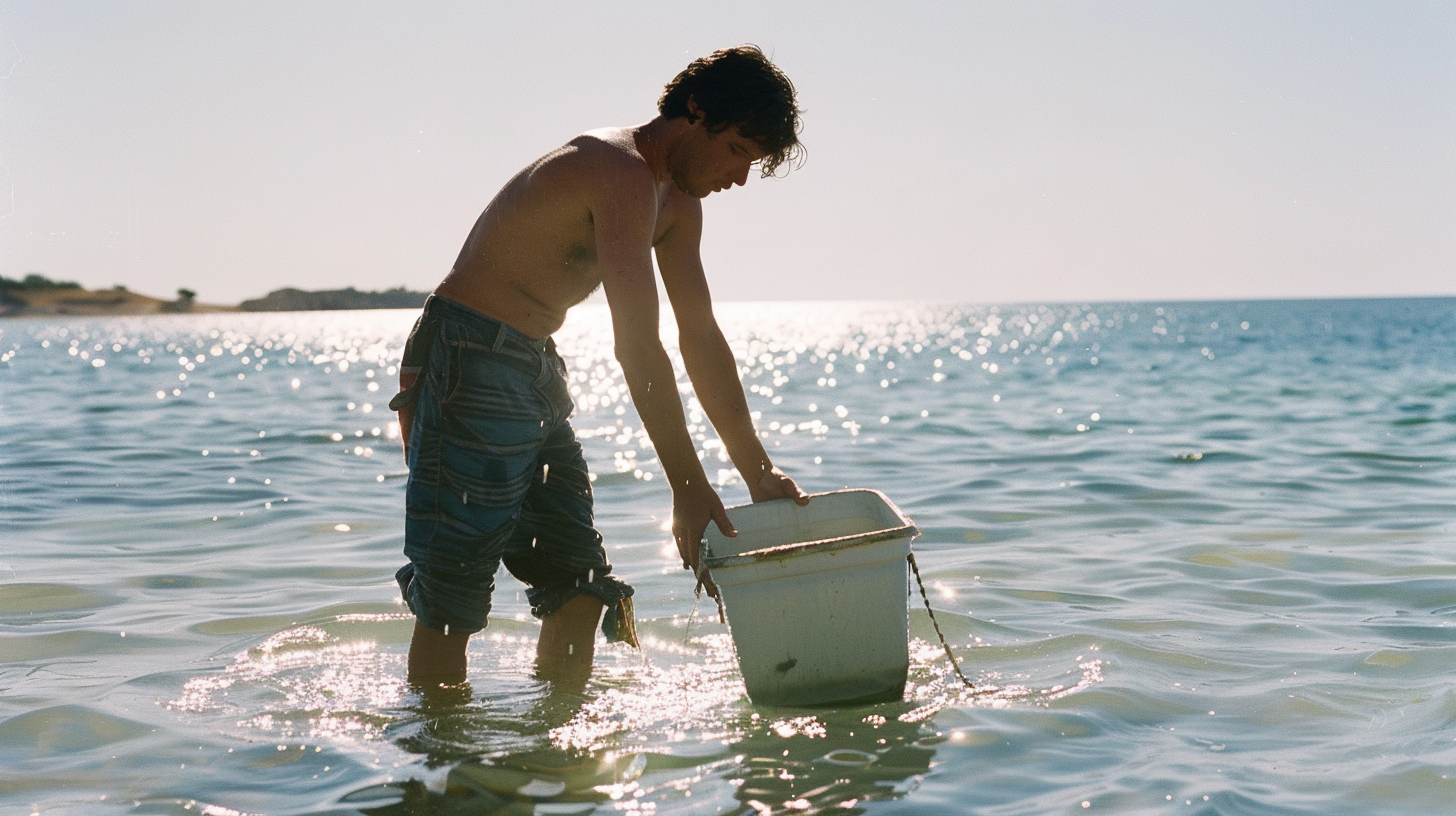 Hombre joven en pantalones cortos, sin camiseta, en la orilla del mar, recogiendo objetos en una caja con agua y cadena.