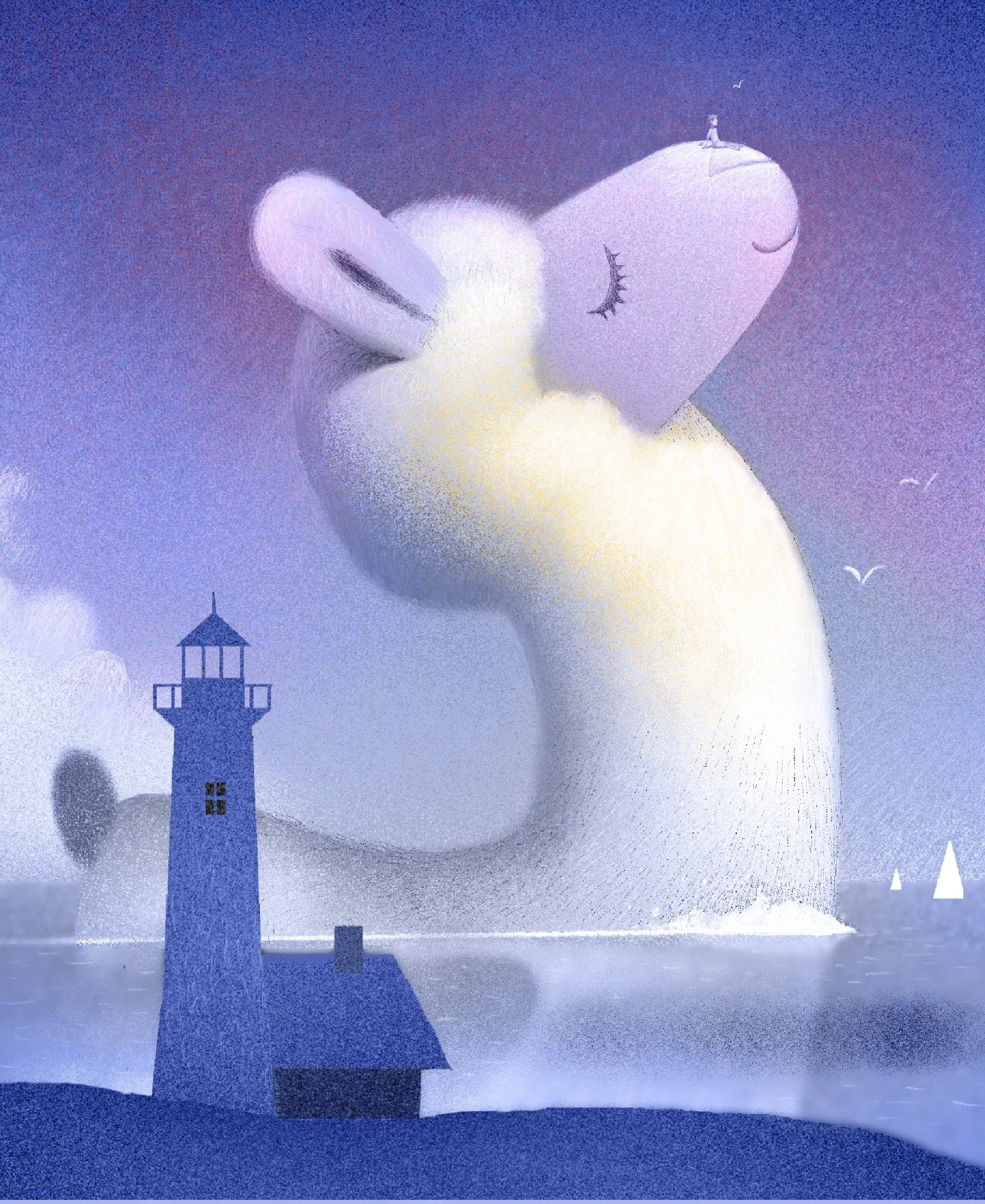 A giant white polar bear beside a lighthouse in blue and violet twilight, artwork by David Biedrzycki.