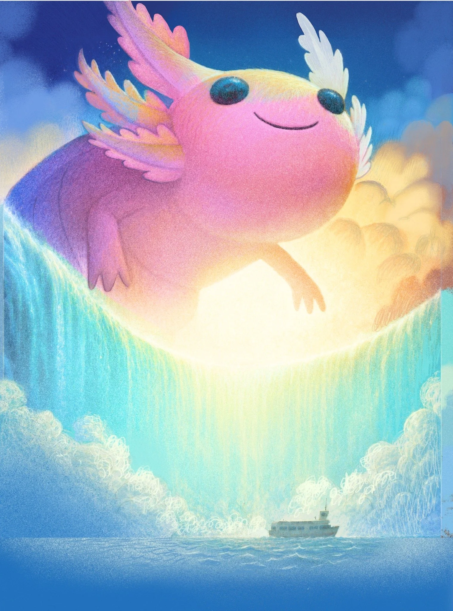 A giant pink axolotl rises above a boat amid turquoise waterfalls, artwork by David Biedrzycki.