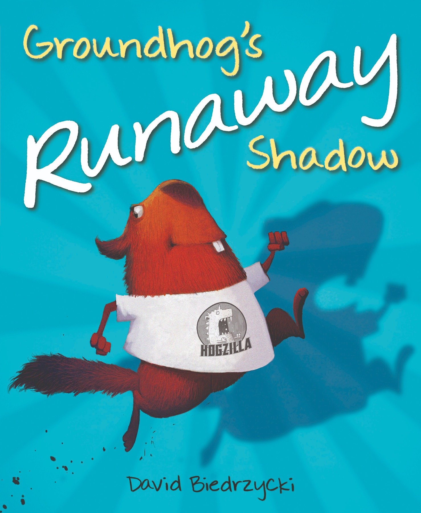 Groundhog’s Runaway Shadow — picture book by David Biedrzycki, featuring a running groundhog and his giant shadow.