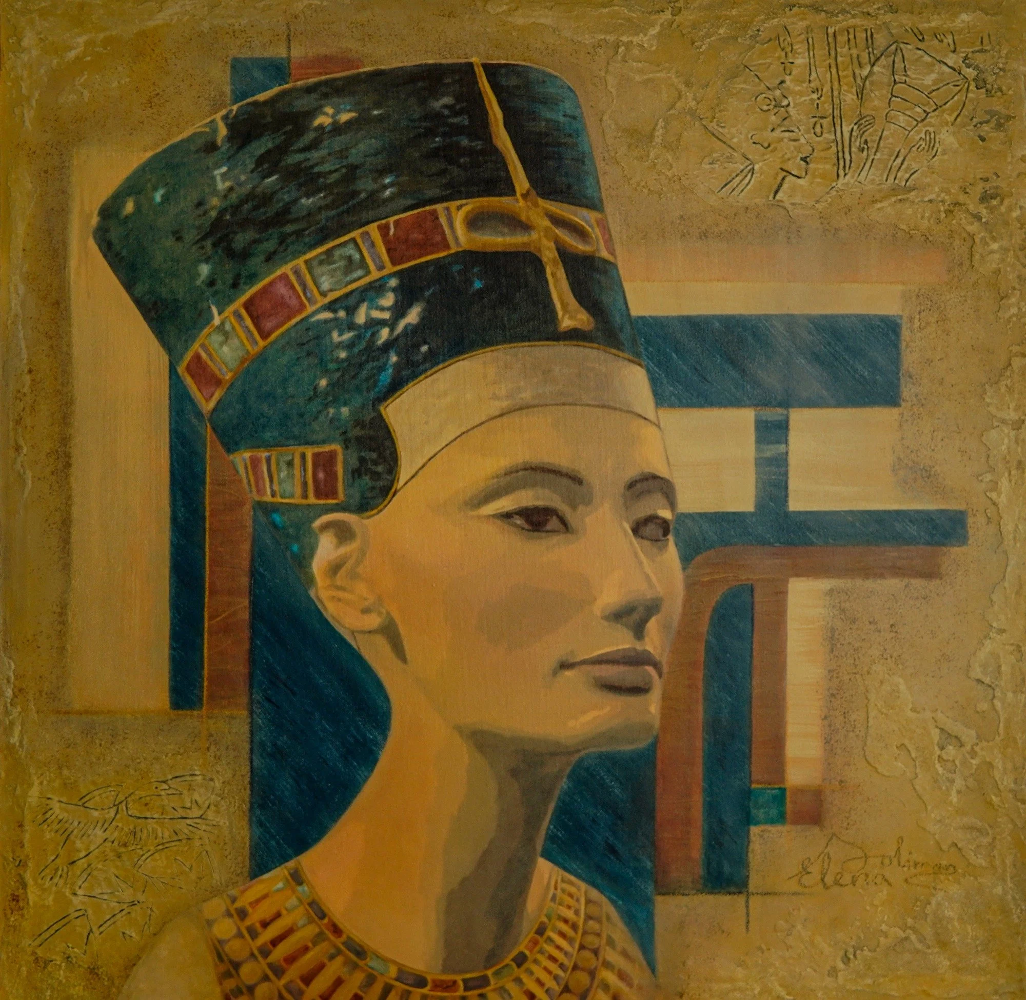 Nefertiti. A silent claim — contemporary Egyptian painting, mixed media on canvas by Elena Soliman, Echoes of displaced antiquities series