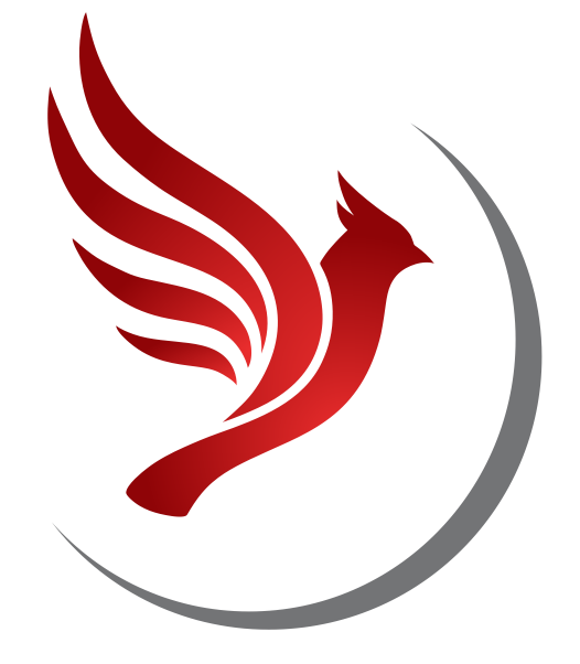 A stylized red phoenix with outstretched wings inside a black and gray circular frame.
