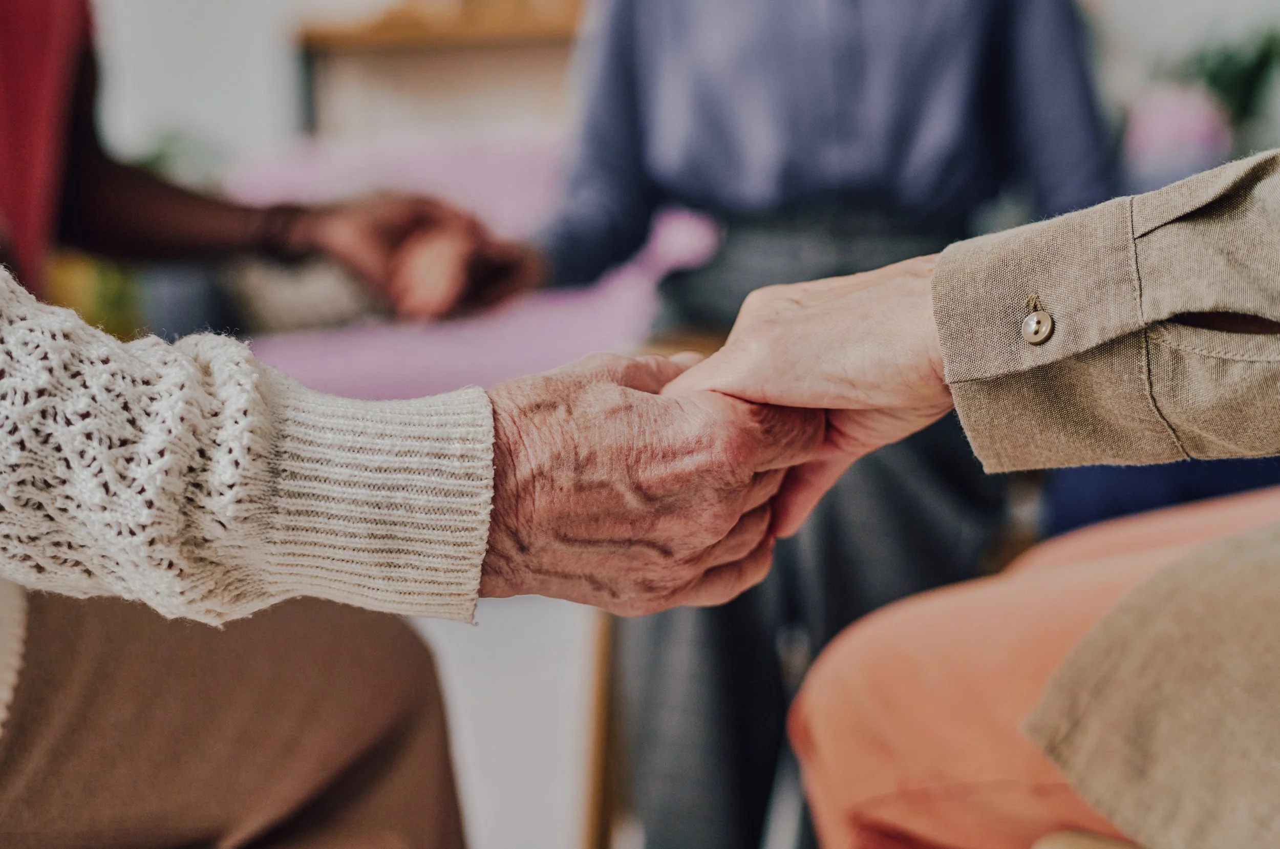 Close-up of elderly hands holding a younger person's hand in a caring gesture.