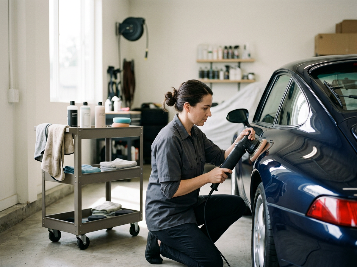 A woman cleaning the side of a black car inside a garage with a handheld buffer.