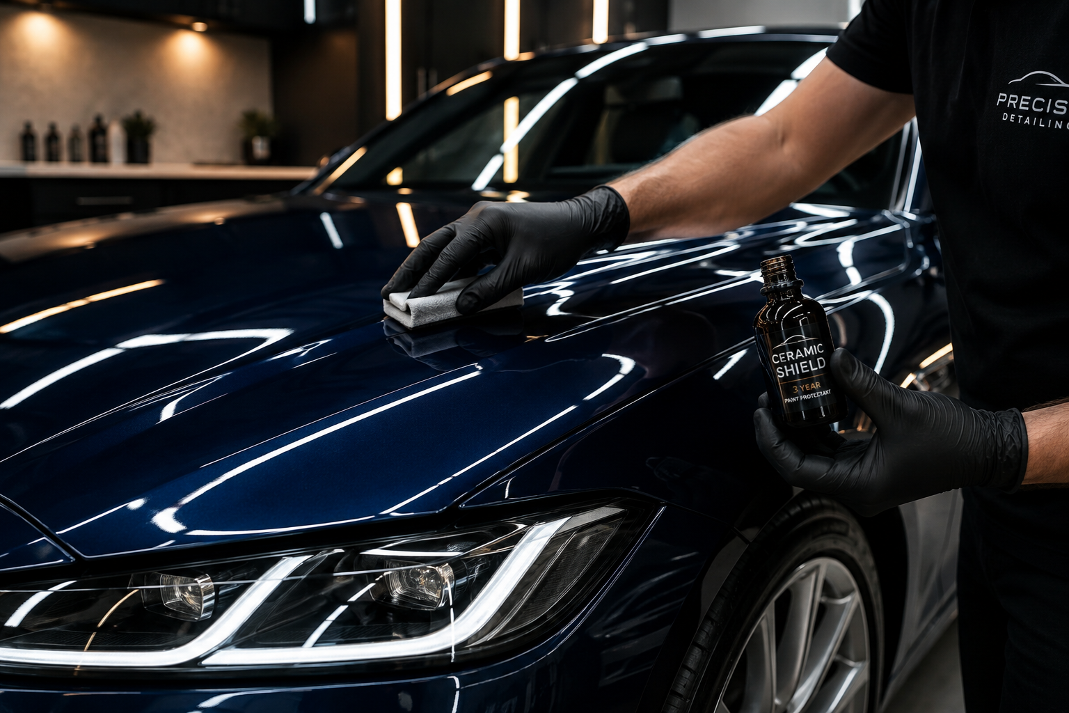 A person wearing black gloves polishing a dark blue car with a gray cloth in a professional detailing shop.