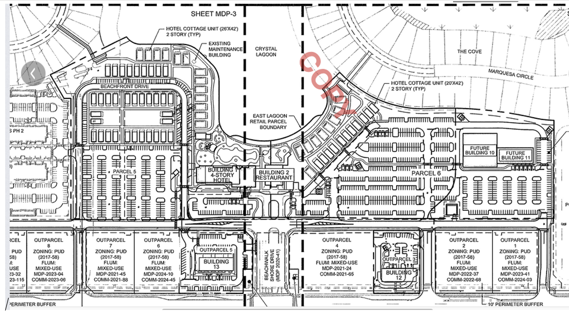 South Beachwalk development plan showing Compass Hotel by Margaritaville, planned lagoon-side restaurant, retail buildings and cottage area