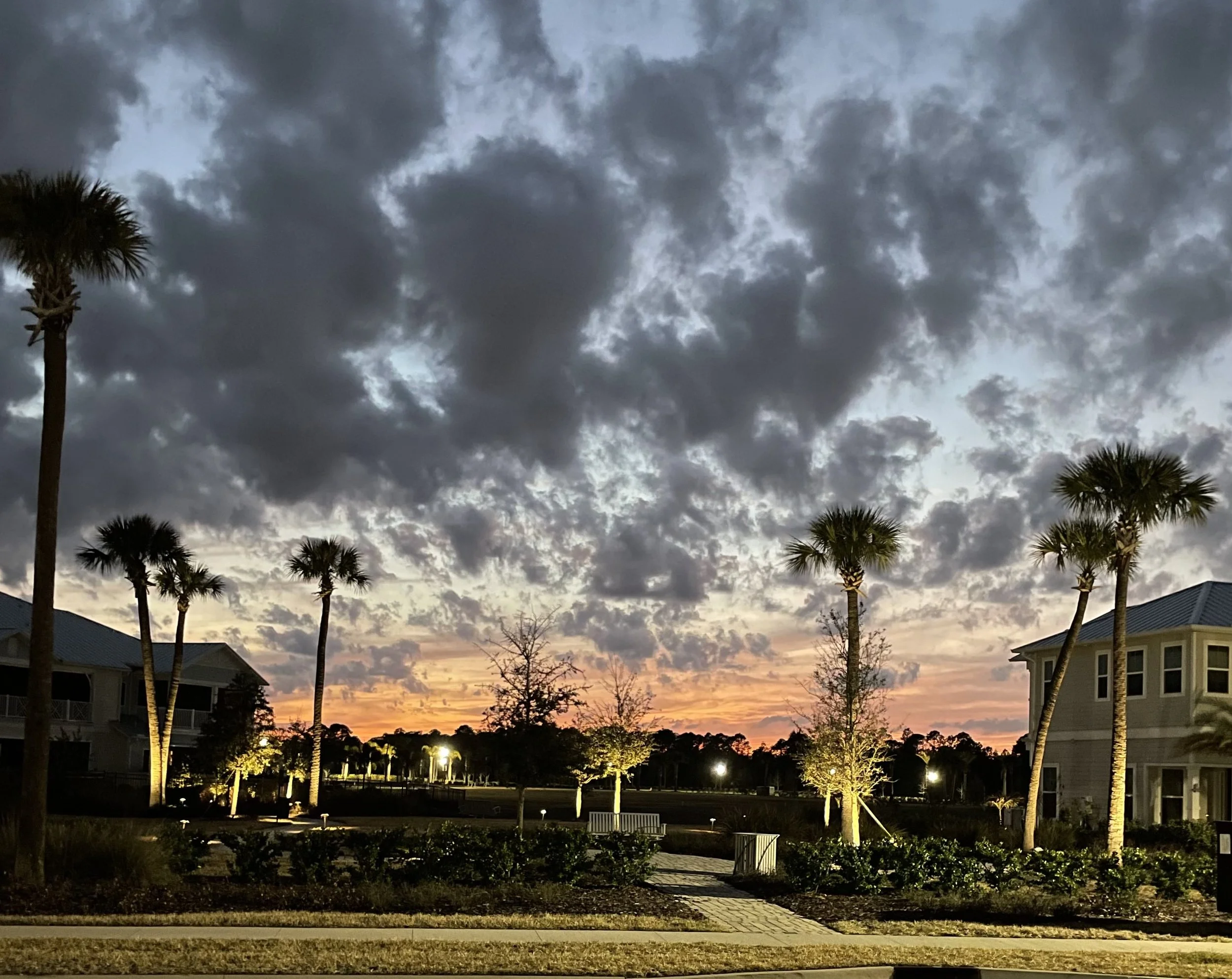 Pocket park across from 155 Rum Runner Way in Atlantica Isles with pond, palm trees and evening lighting